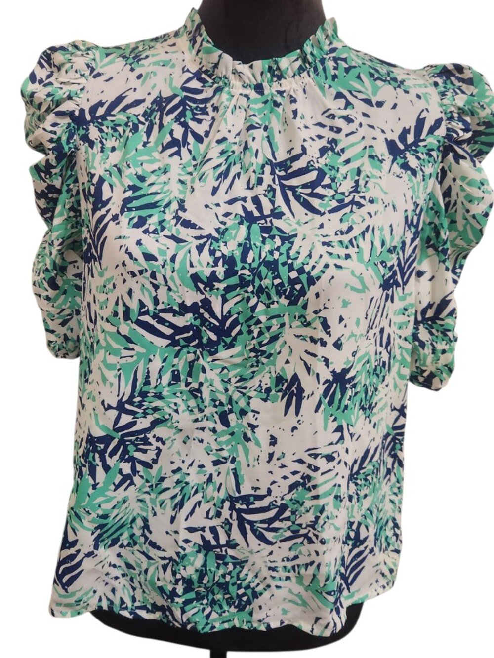 NWOT THML Green and Blue Ruched Sleeves Blouse Size S